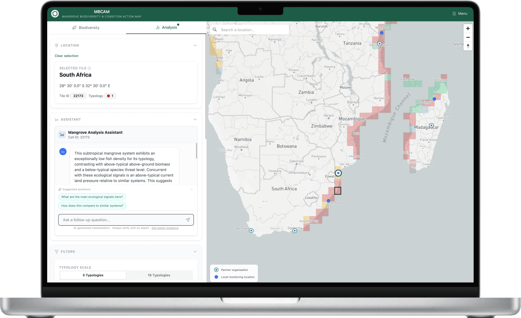 MBCAM mangrove analysis assistant and global map on a laptop